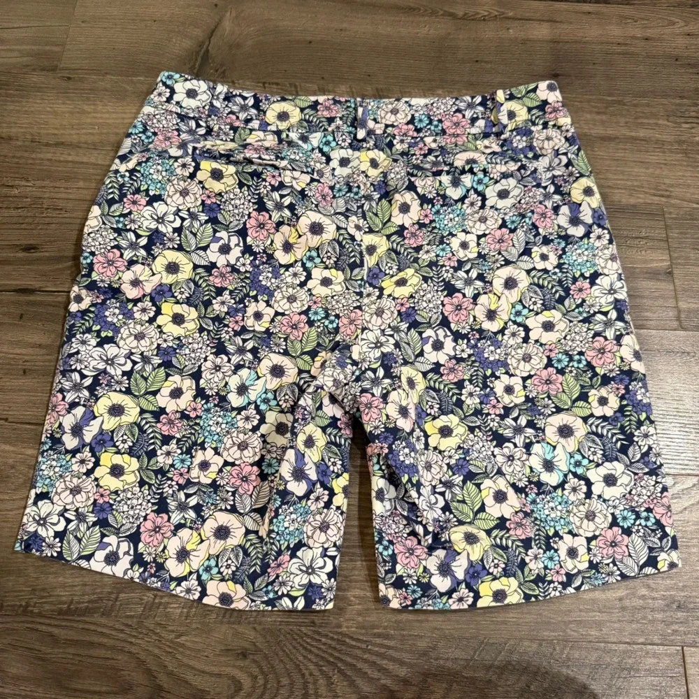 Talbots The Perfect Short Floral Print Navy‎ Pink Yellow Chino Shorts Size 12